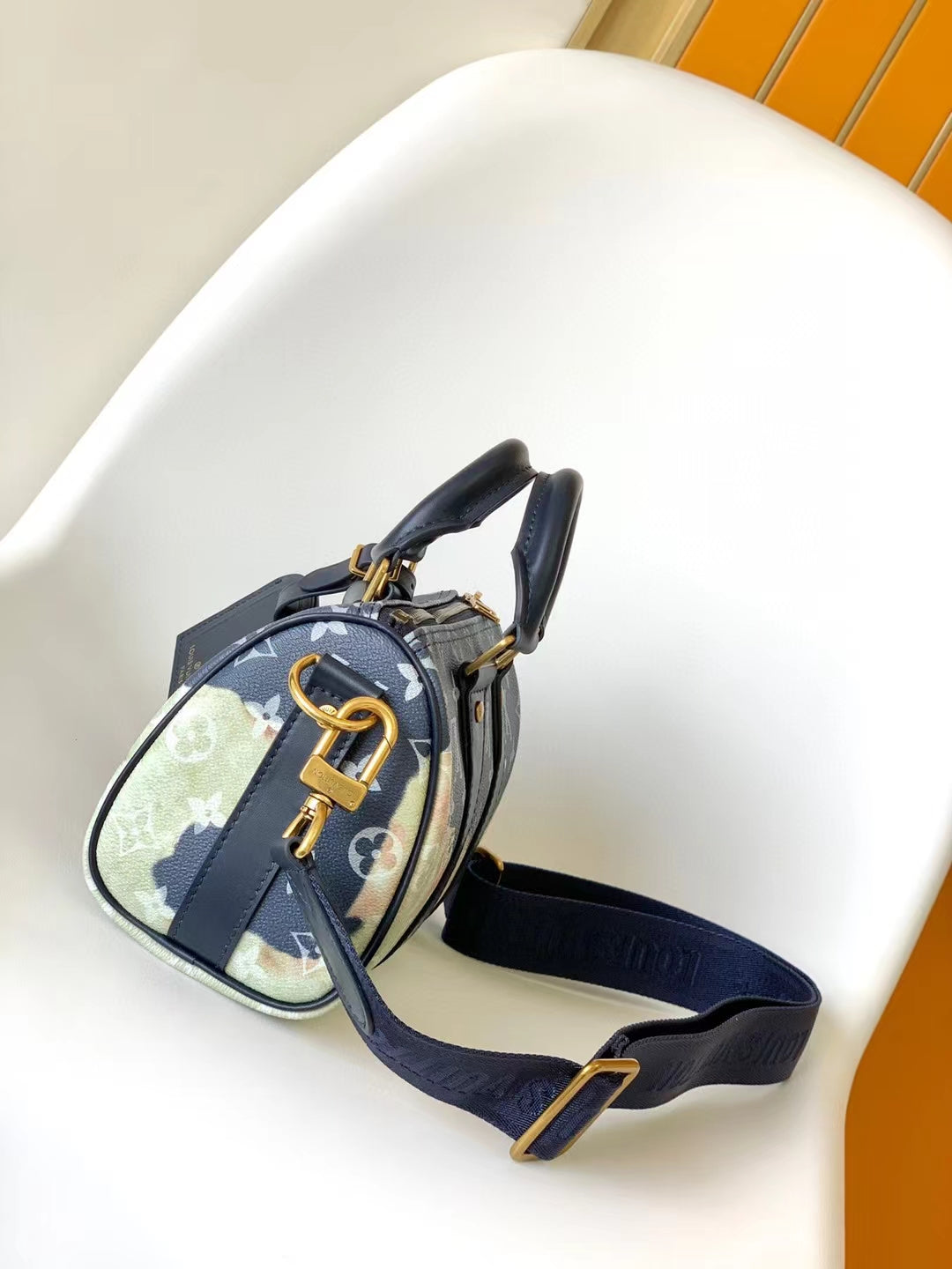 Louis Vuitton Luxury Monogram World Map Print Mini Duffle Bag with Blue Leather Strap