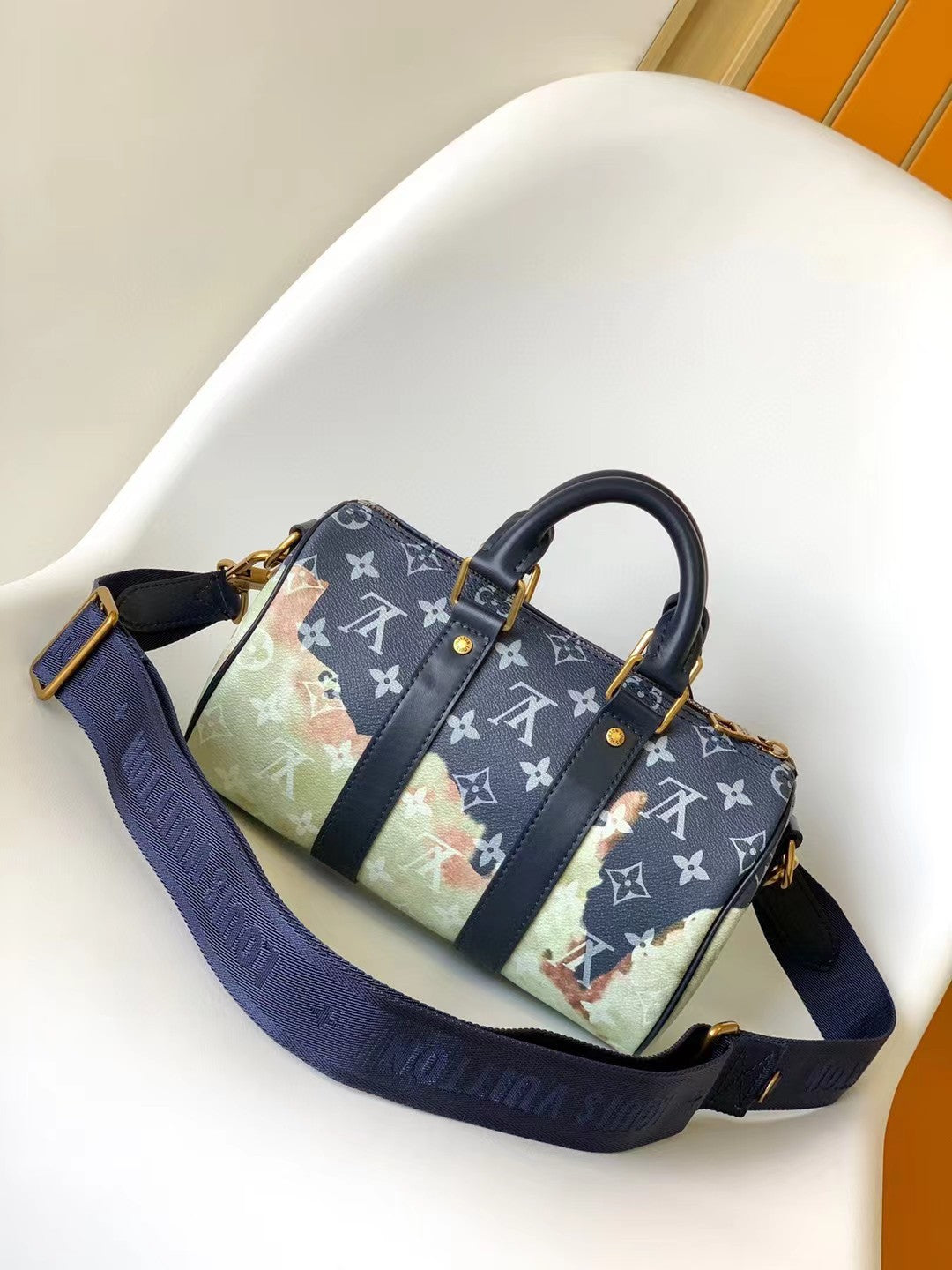 Louis Vuitton Luxury Monogram World Map Print Mini Duffle Bag with Blue Leather Strap