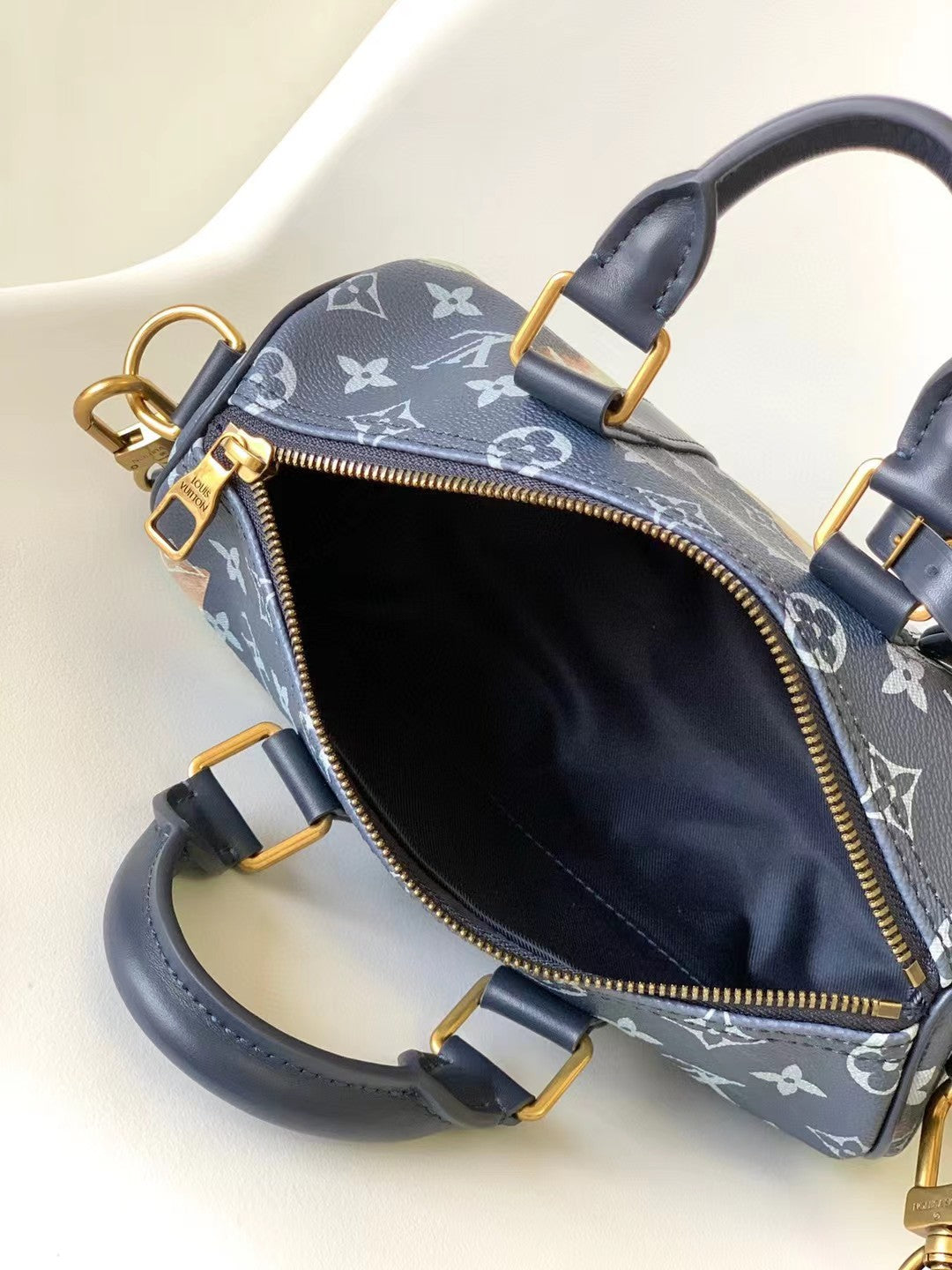 Louis Vuitton Luxury Monogram World Map Print Mini Duffle Bag with Blue Leather Strap