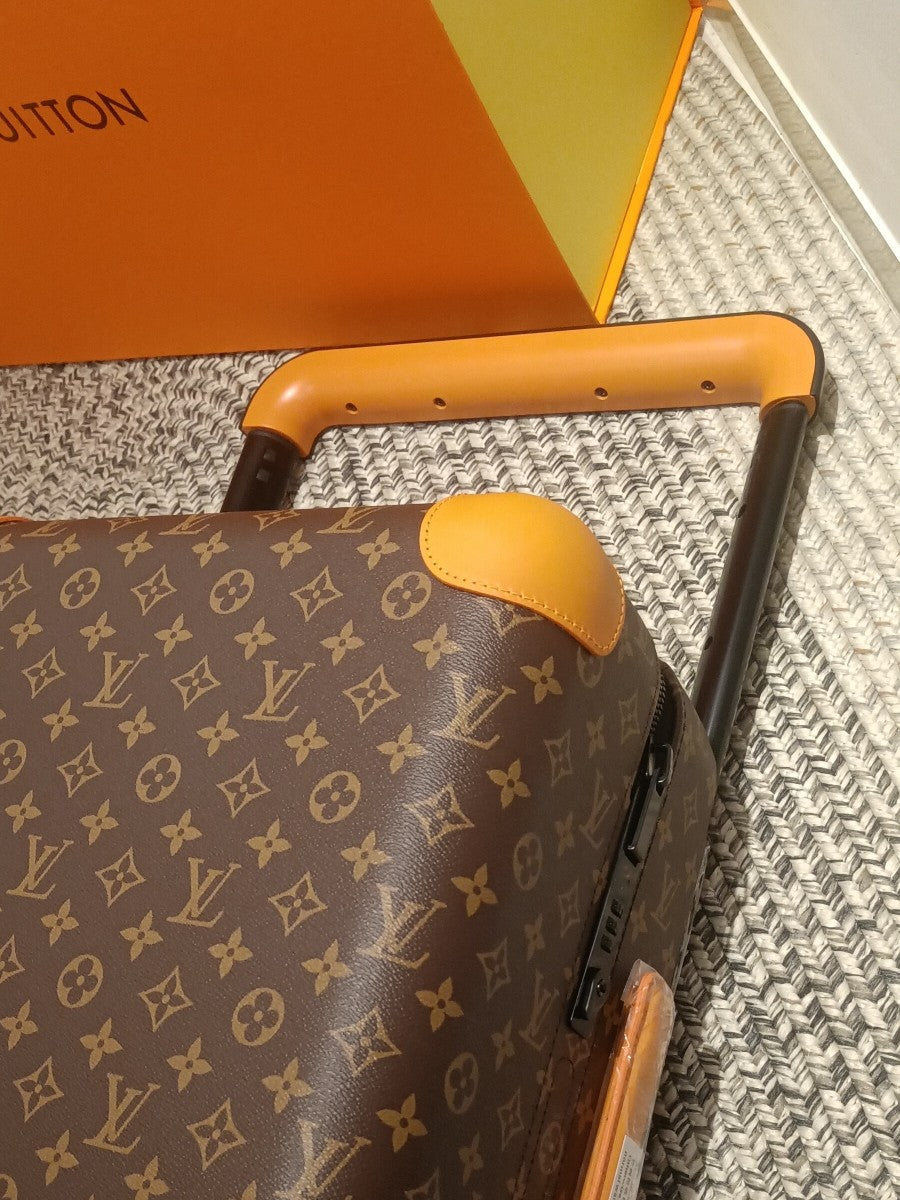 Brown Monogram Pattern Spinner Suitcase with Orange Leather Trim