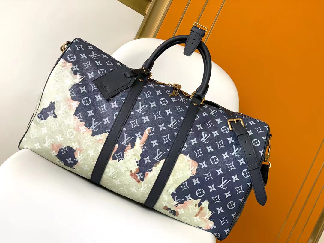 Louis Vuitton Navy Blue Monogram Art Print Travel Duffle Bag with Strap