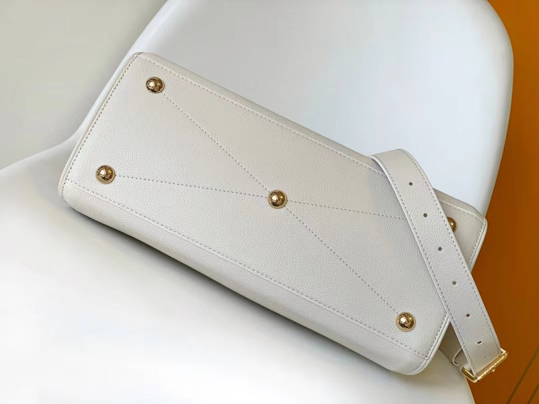 Louis Vuitton Classic Beige Textured Leather Satchel Handbag with Crossbody Strap