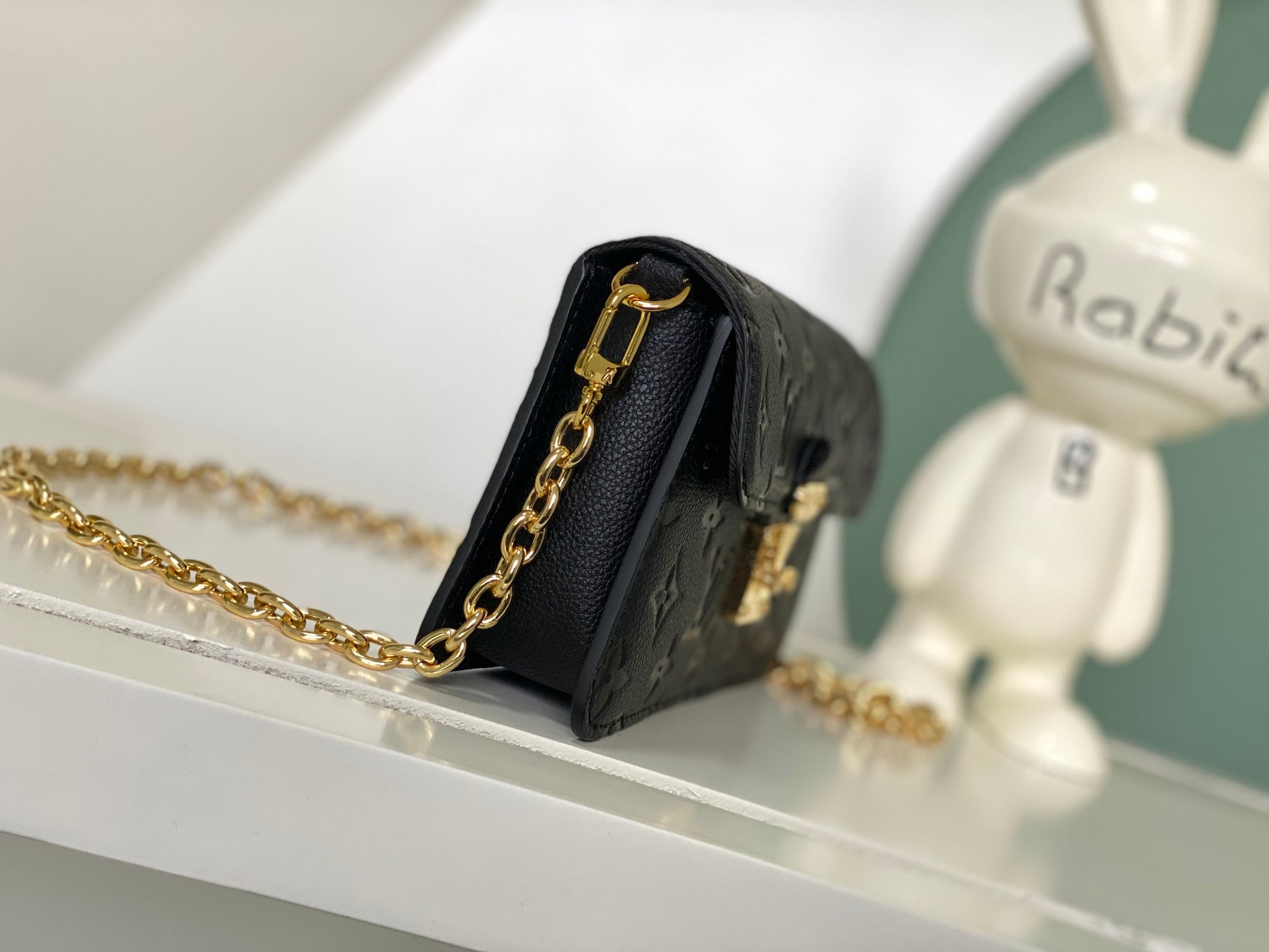 Louis Vuitton Black Embossed Leather Shoulder Bag with Gold Chain Strap