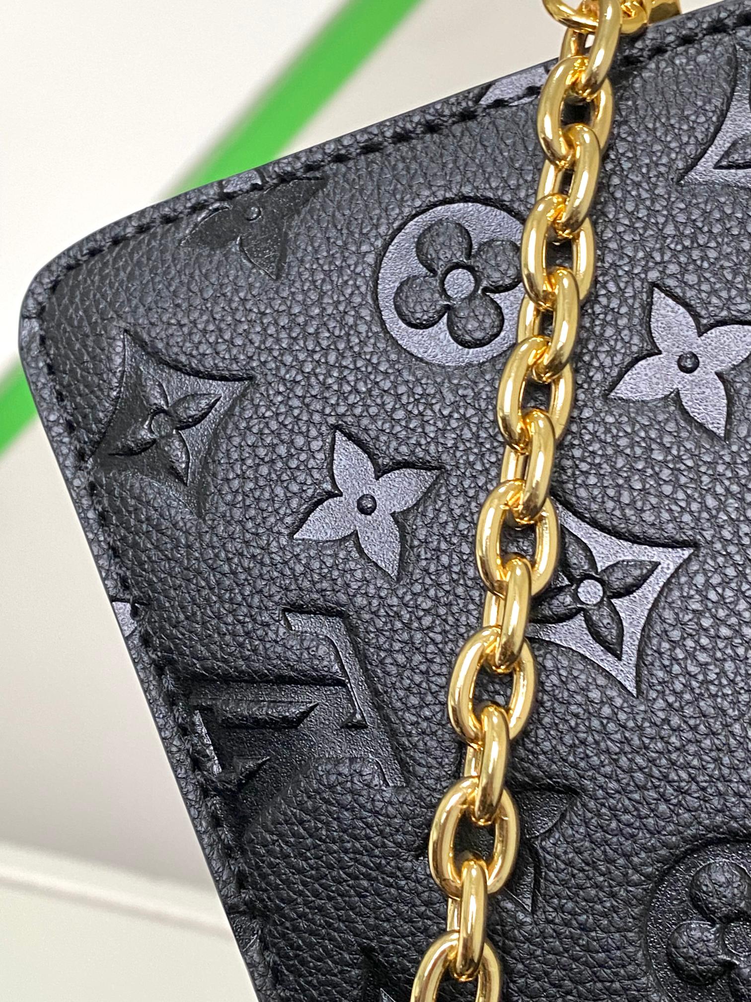 Louis Vuitton Black Embossed Leather Shoulder Bag with Gold Chain Strap