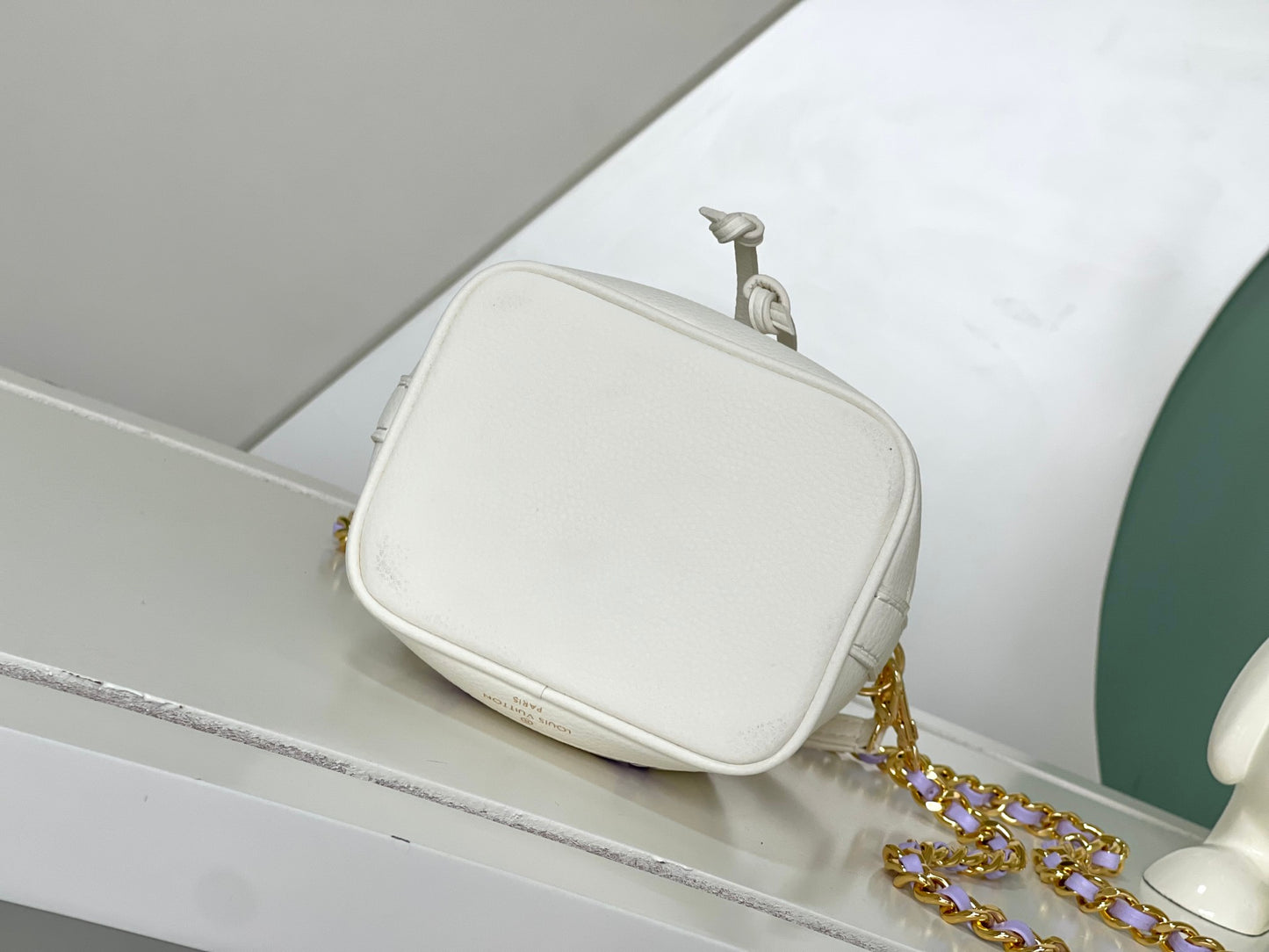 Mini Drawstring Bucket Crossbody Bag - White with Purple Monogram &amp; Gold Chain