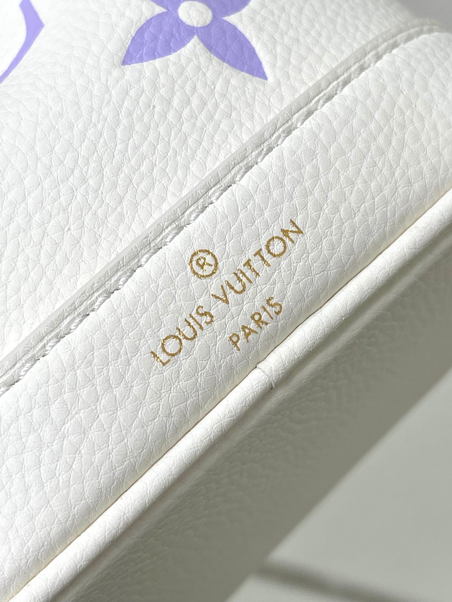 Mini Drawstring Bucket Crossbody Bag - White with Purple Monogram &amp; Gold Chain