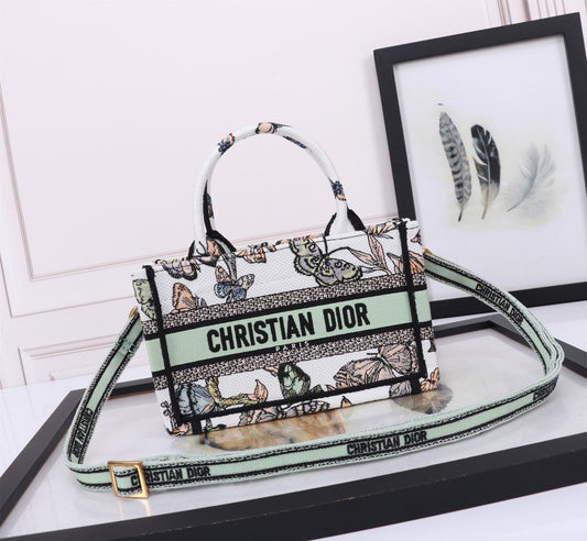 Christian Dior Medium Lady D-Joy Bag with Butterfly Around the World Motif - White & Green