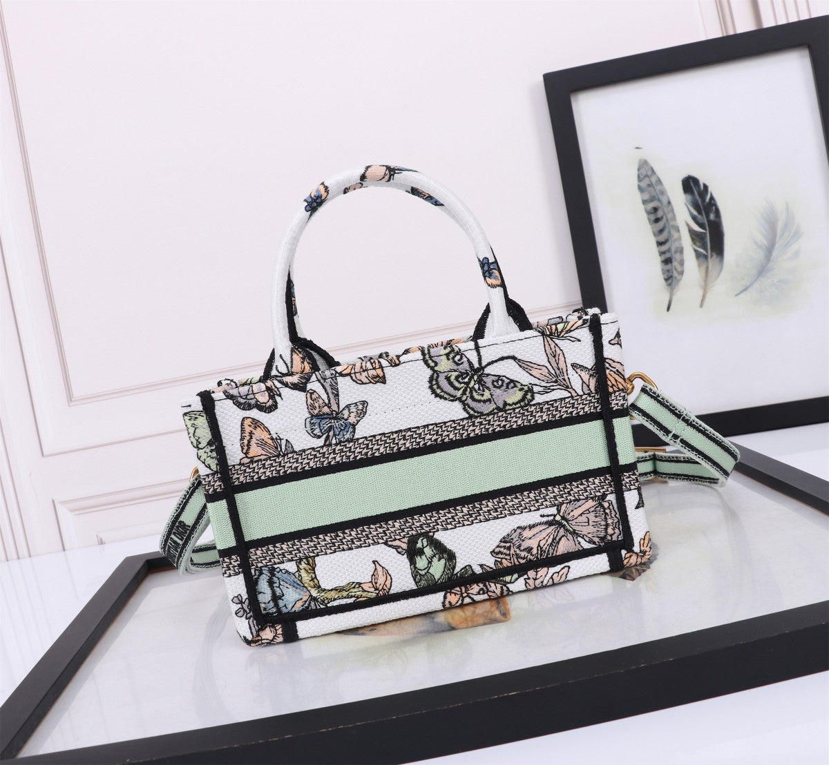 Dior Sage Green Butterfly Embroidered Canvas Handbag with Crossbody Strap