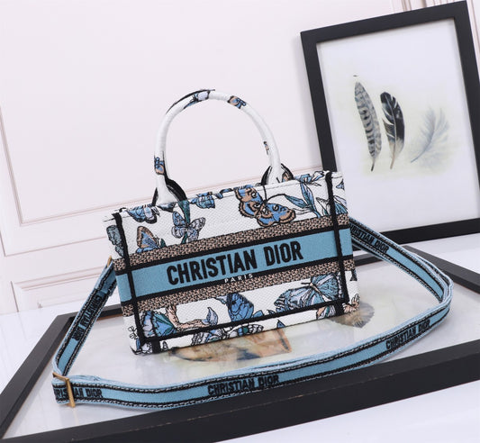 Christian Dior Blue Butterfly Embroidery Small Book Tote Handbag with Strap