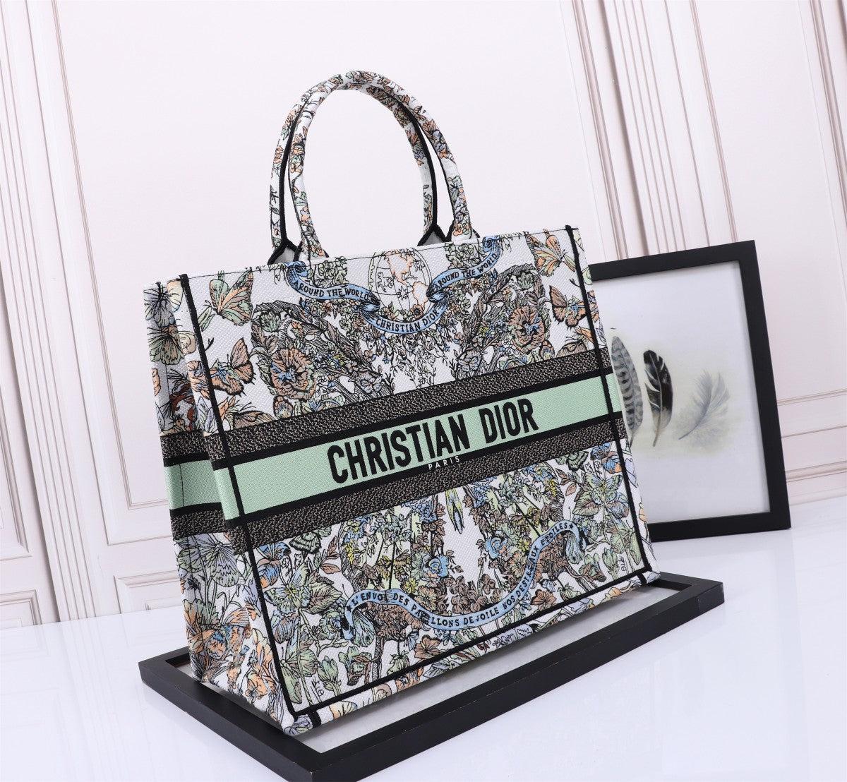 Dior Elegant Floral Butterfly Embroidered Canvas Tote Handbag