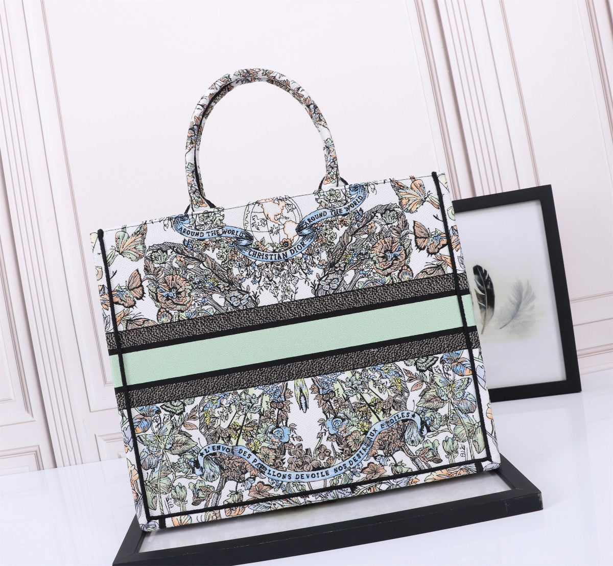 Dior Elegant Floral Butterfly Embroidered Canvas Tote Handbag