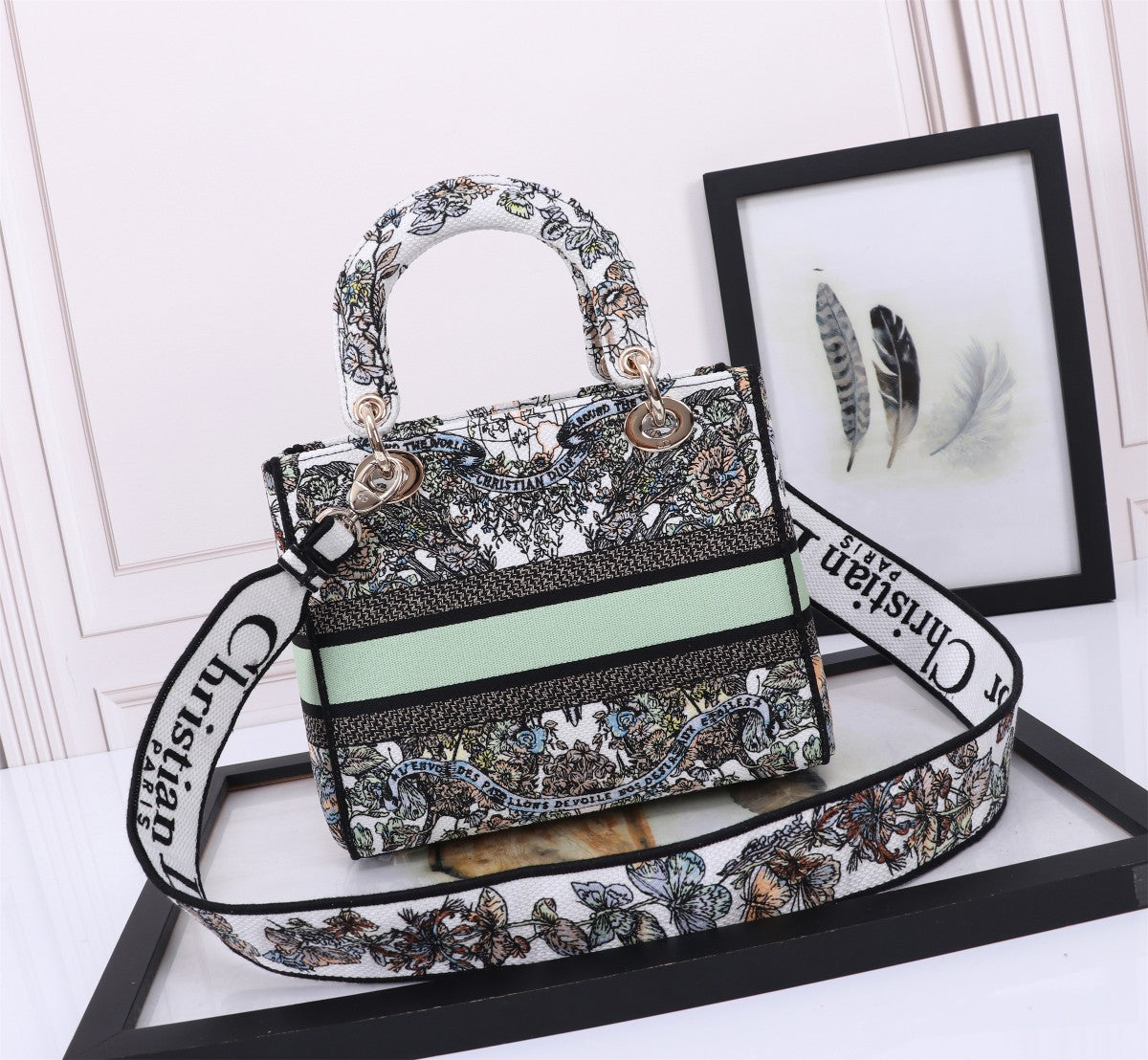 Dior Luxury Floral Butterfly Embroidered Handbag with Top Handle