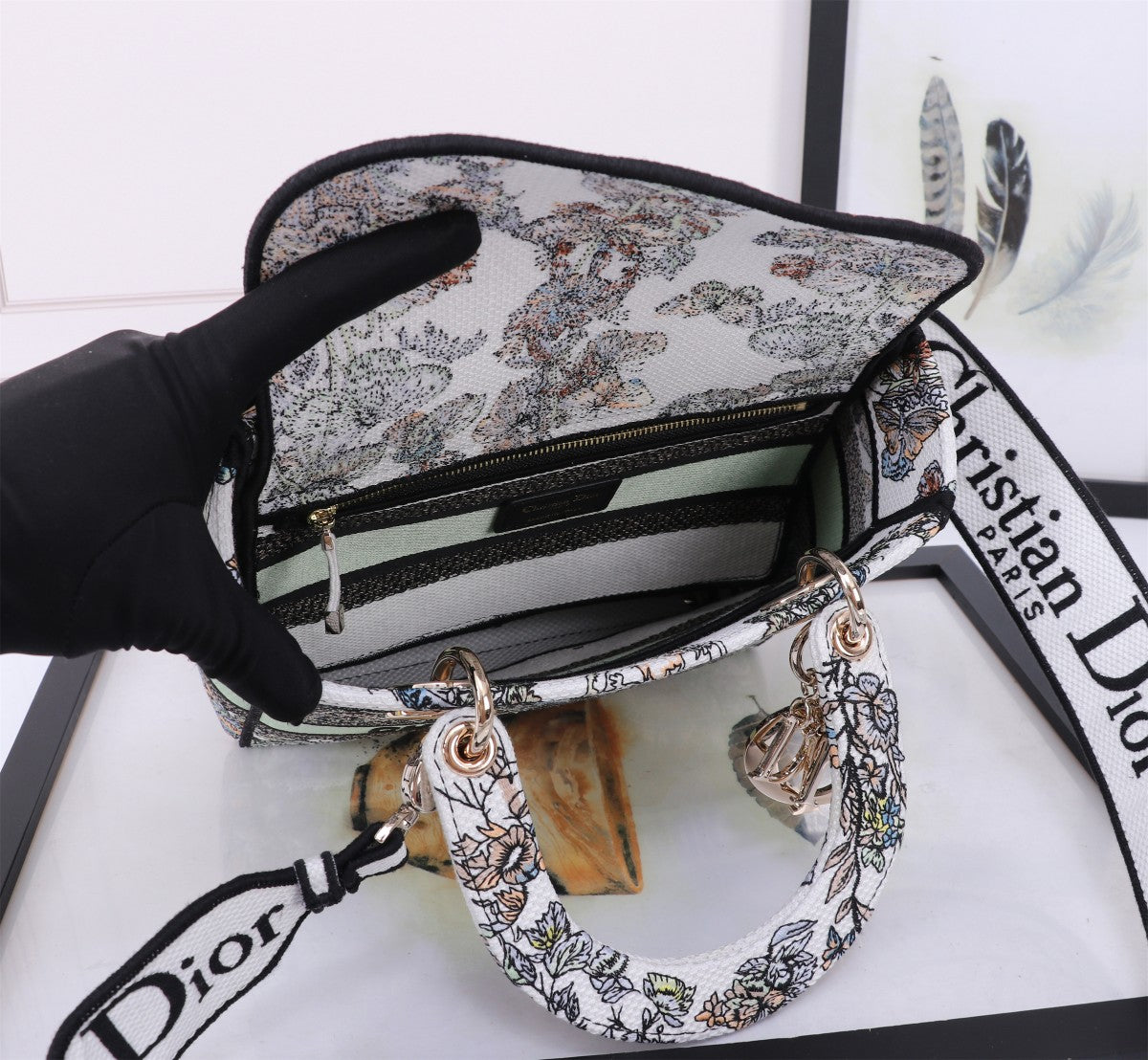 Dior Luxury Floral Butterfly Embroidered Handbag with Top Handle