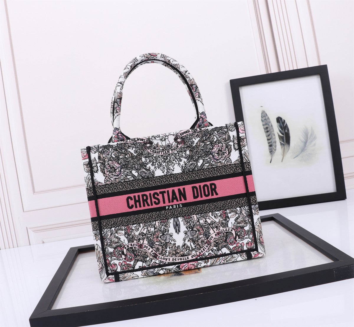 Dior Floral Embroidered Canvas Tote Bag with Pink Stripe