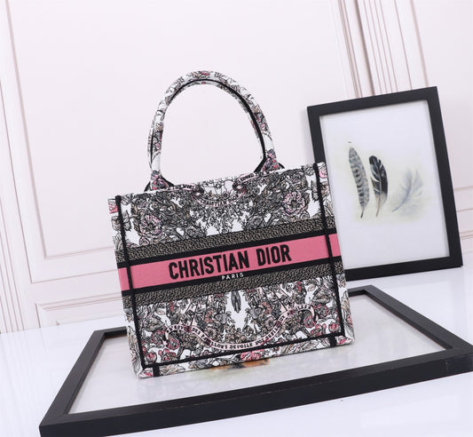 Christian Dior Book Tote - Embroidered Canvas Handbag with Toile de Jouy Pattern - Pink/Black/White