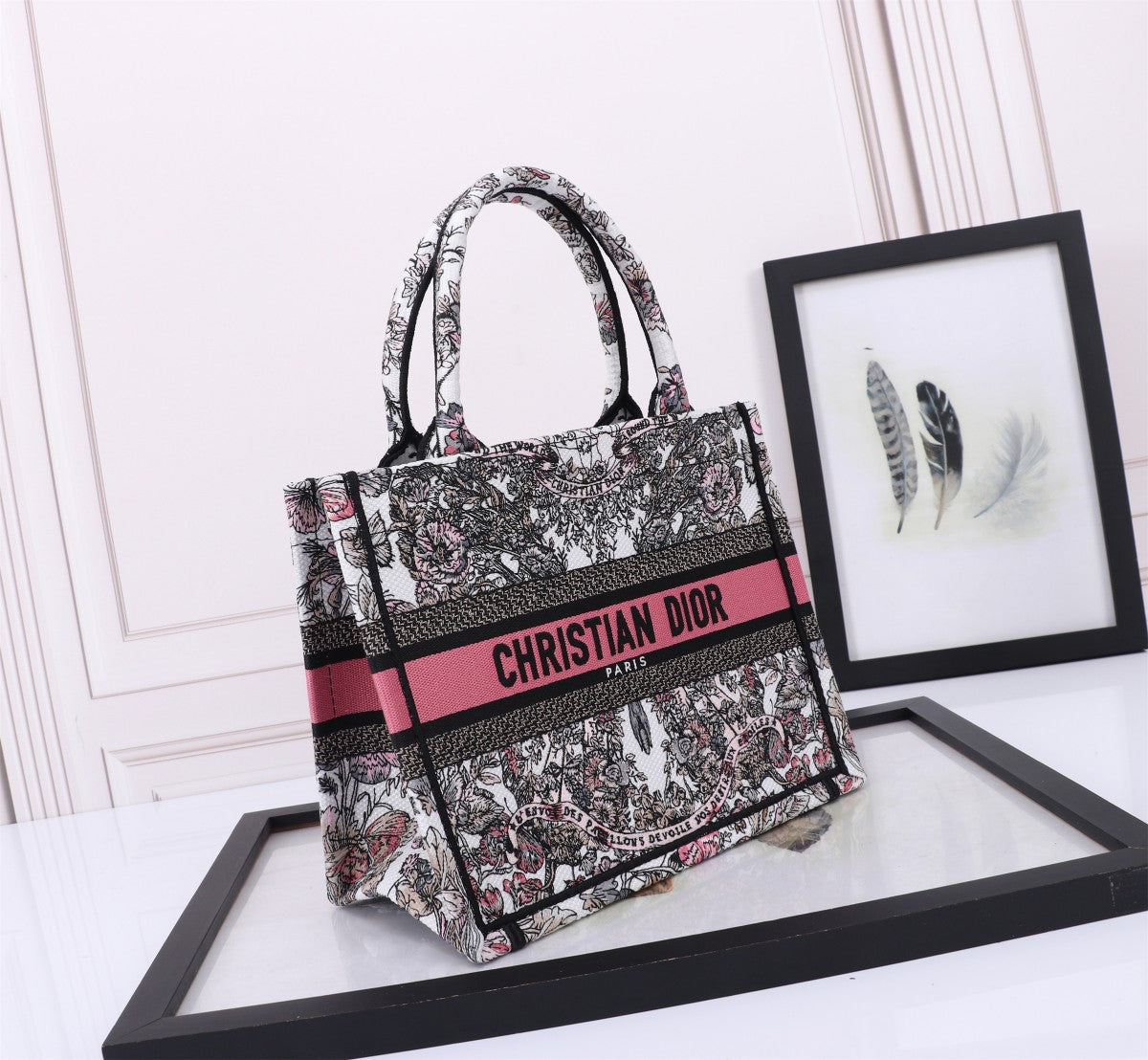 Dior Floral Embroidered Canvas Tote Bag with Pink Stripe