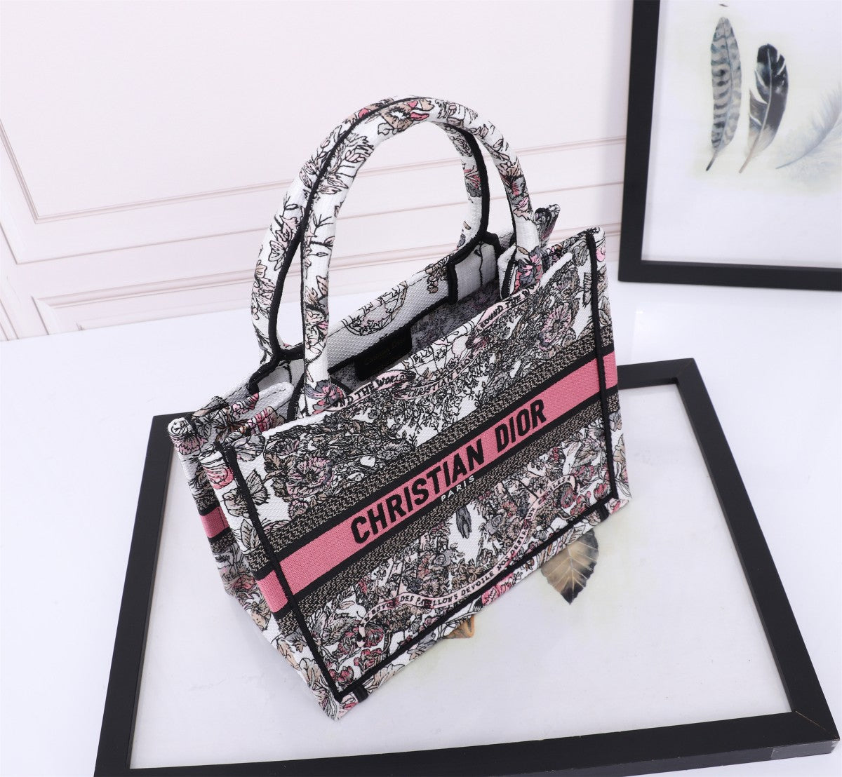 Dior Floral Embroidered Canvas Tote Bag with Pink Stripe