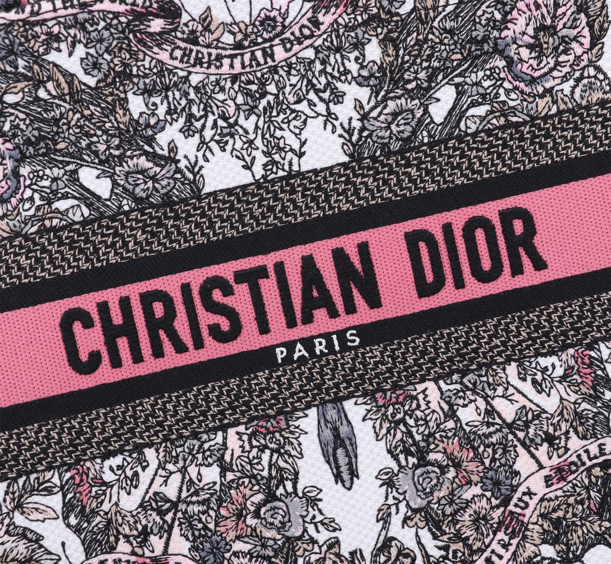 Dior Floral Embroidered Canvas Tote Bag with Pink Stripe