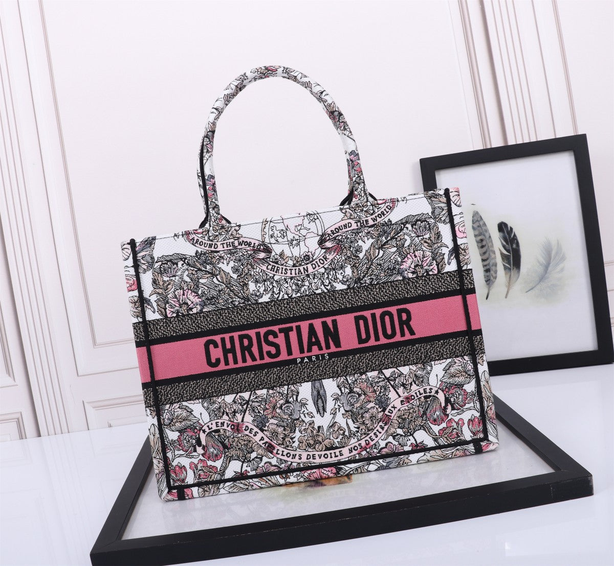 Dior Intricate Floral Print Canvas Tote Bag with Pink Accent Stripe