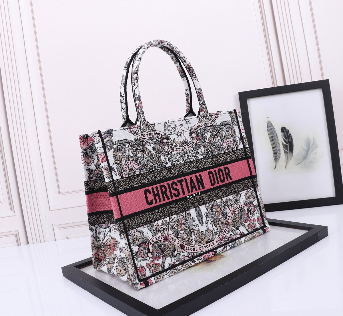 Dior Intricate Floral Print Canvas Tote Bag with Pink Accent Stripe