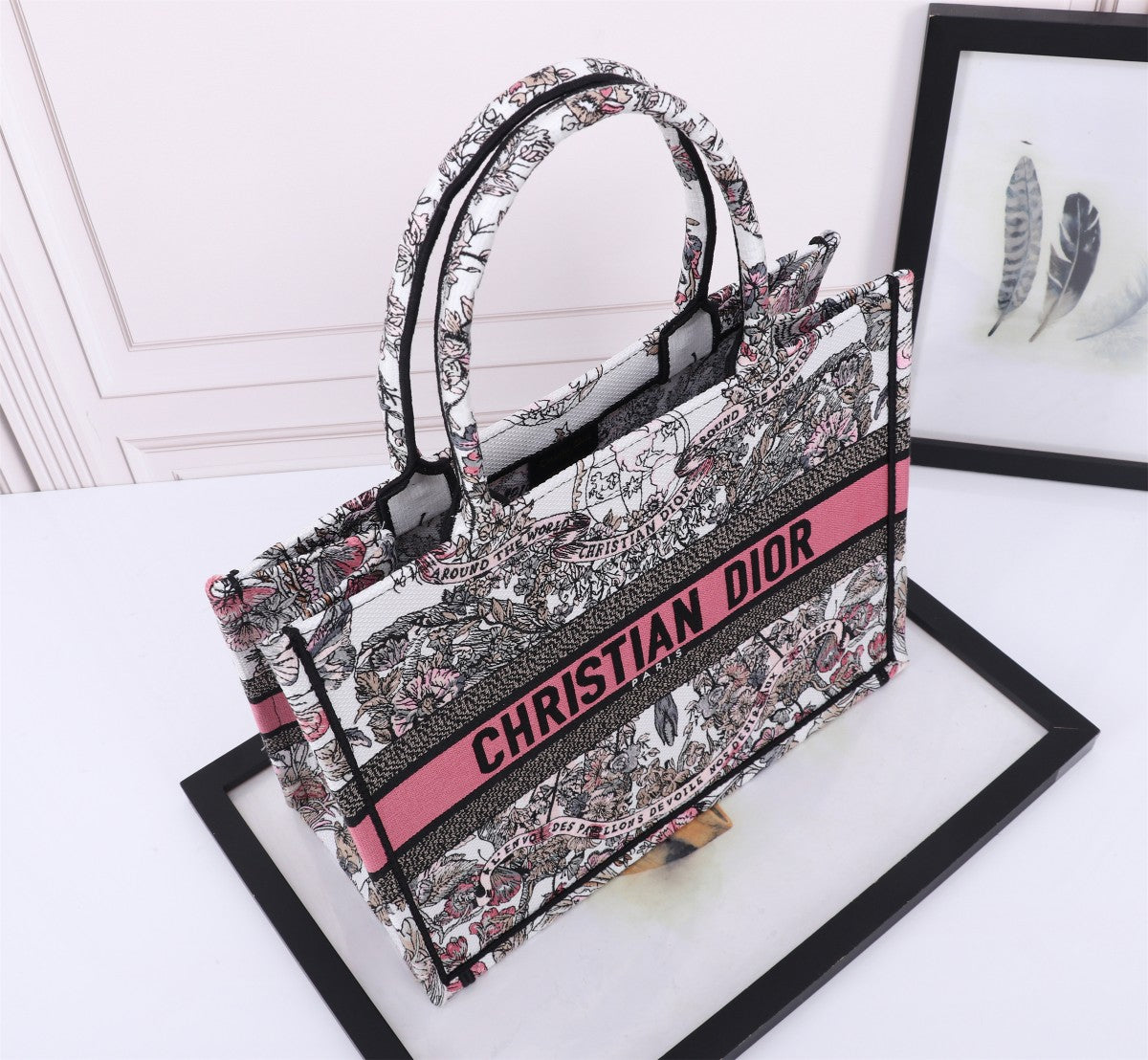 Dior Intricate Floral Print Canvas Tote Bag with Pink Accent Stripe