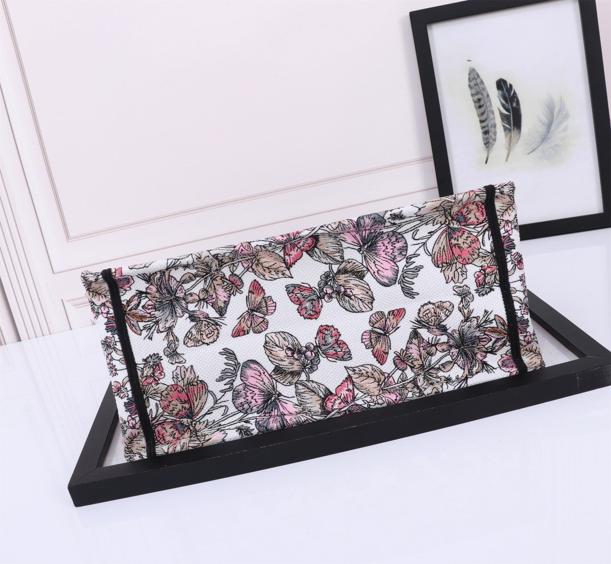 Dior Luxury Floral Embroidered Canvas Tote Bag with Pink Stripe Detail