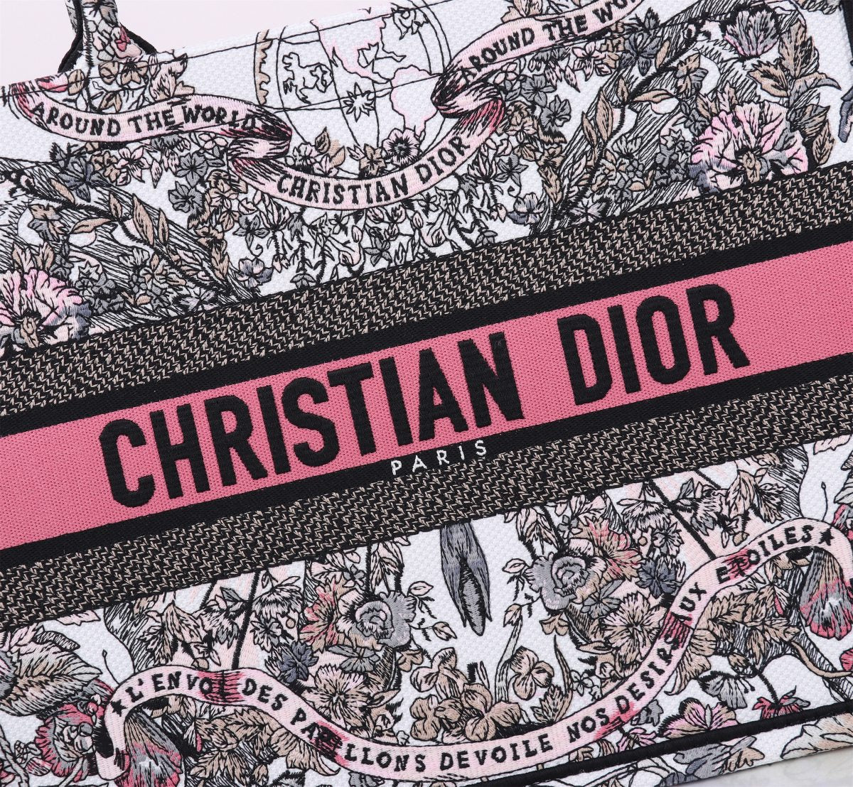 Dior Luxury Floral Embroidered Canvas Tote Bag with Pink Stripe Detail