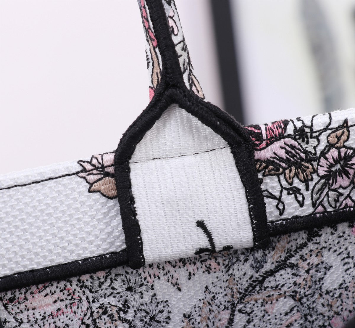 Dior Intricate Floral Print Canvas Tote Bag with Pink Accent Stripe
