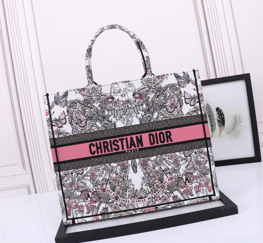 Christian Dior Large Book Tote Bag - Pink Embroidered Canvas with Signature Logo