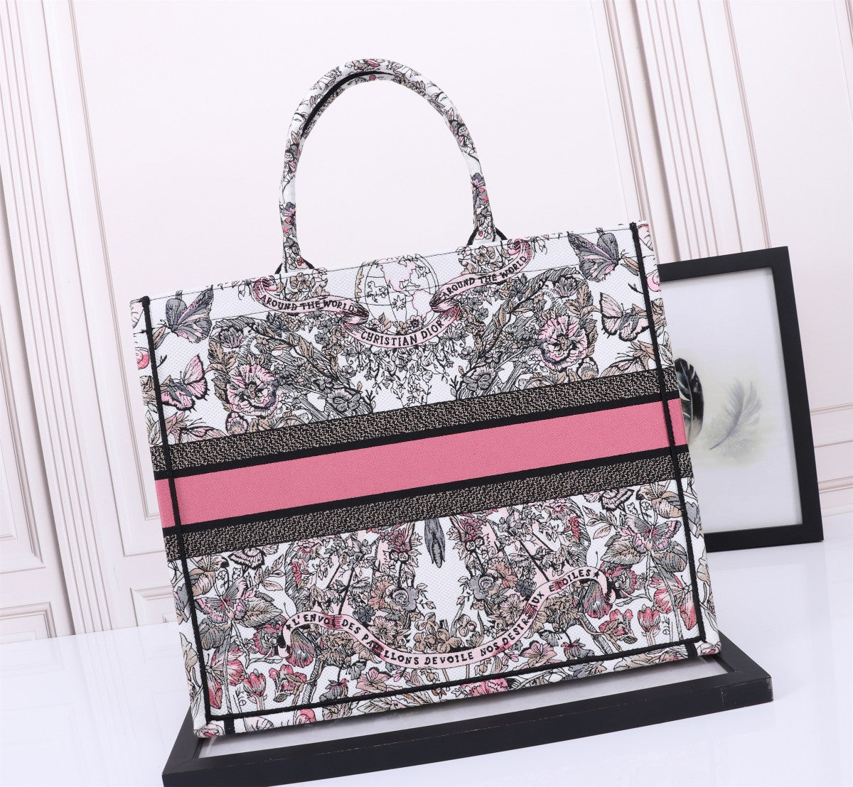 Dior Embroidered Floral Canvas Tote Bag with Pink Stripe Accent