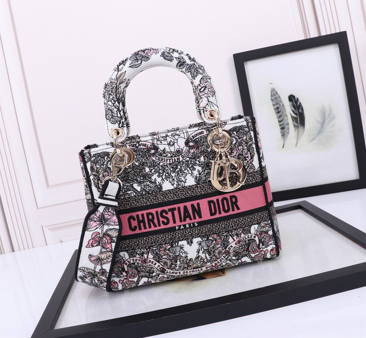 Dior Floral Embroidered Top Handle Handbag with Pink Accent Band