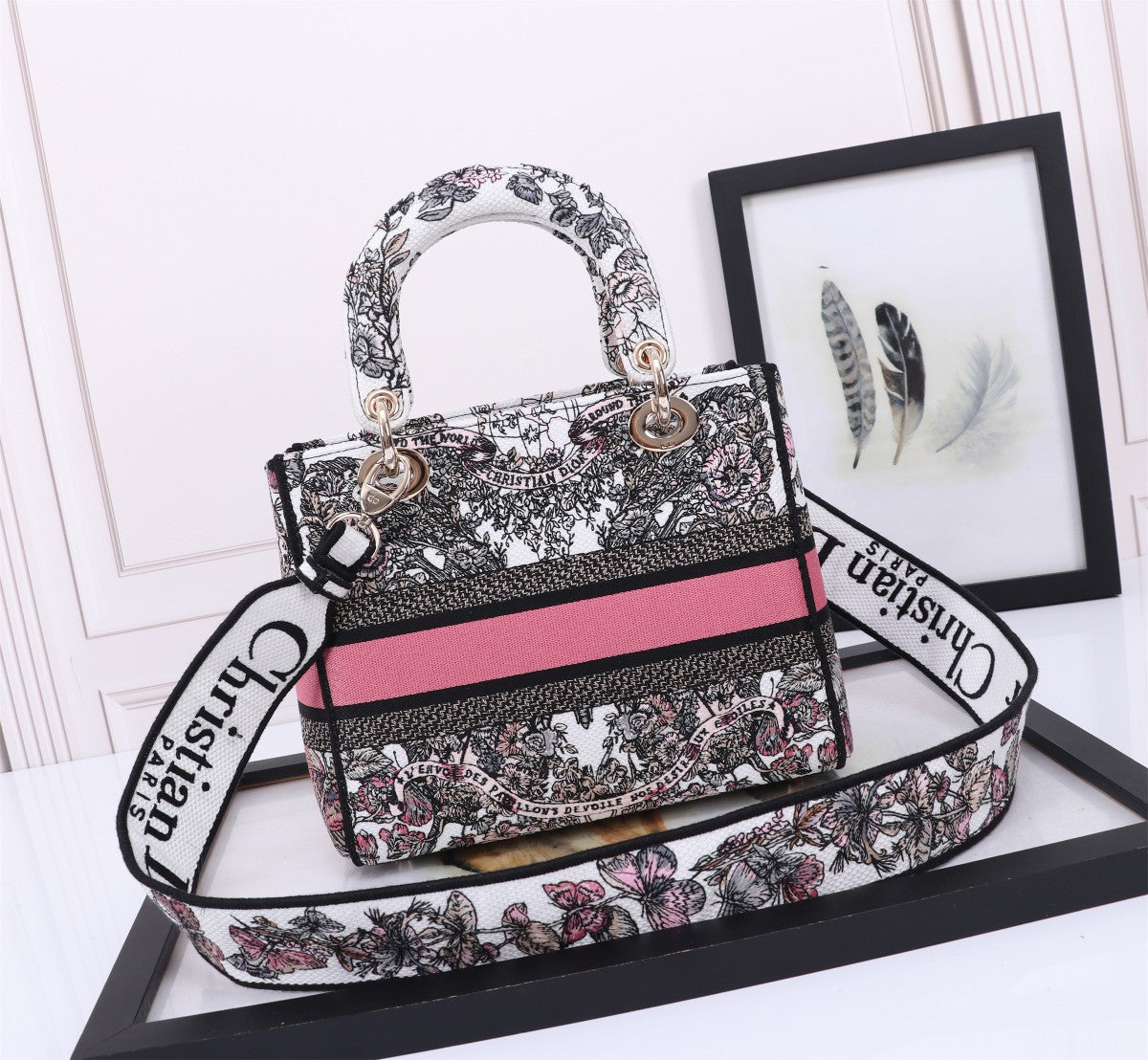 Dior Floral Embroidered Top Handle Handbag with Pink Accent Band