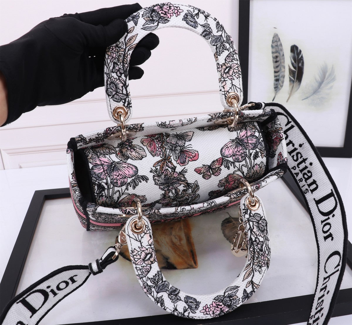 Dior Elegant Embroidered Floral Canvas Handbag with Top Handle