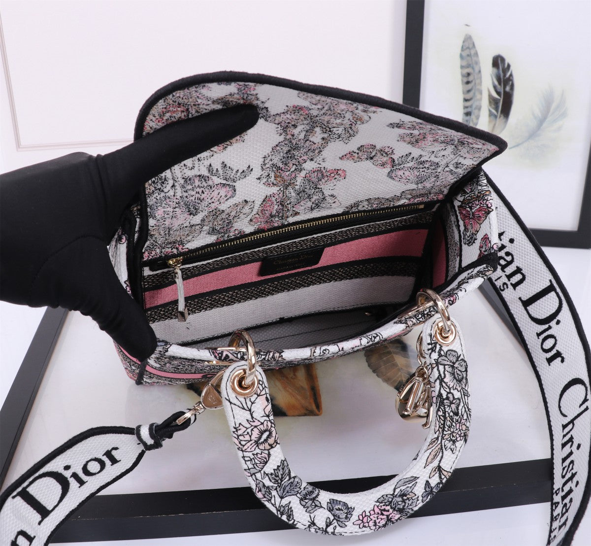 Christian Dior Lady D-Lite Handbag with Pink Floral Butterfly Embroidery