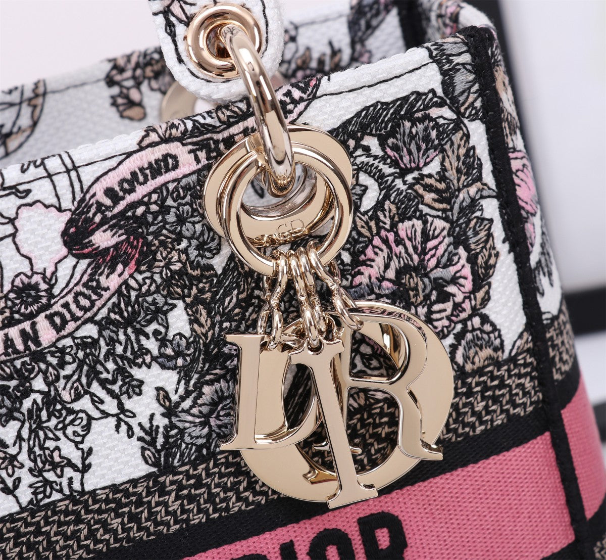 Dior Floral Embroidered Top Handle Handbag with Pink Accent Band