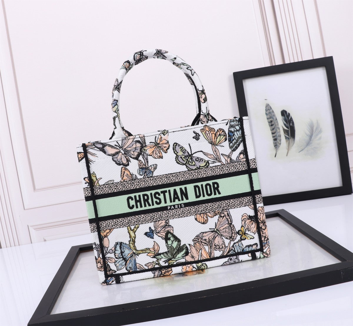 Dior Elegant Butterfly Print Canvas Tote Bag with Top Handle