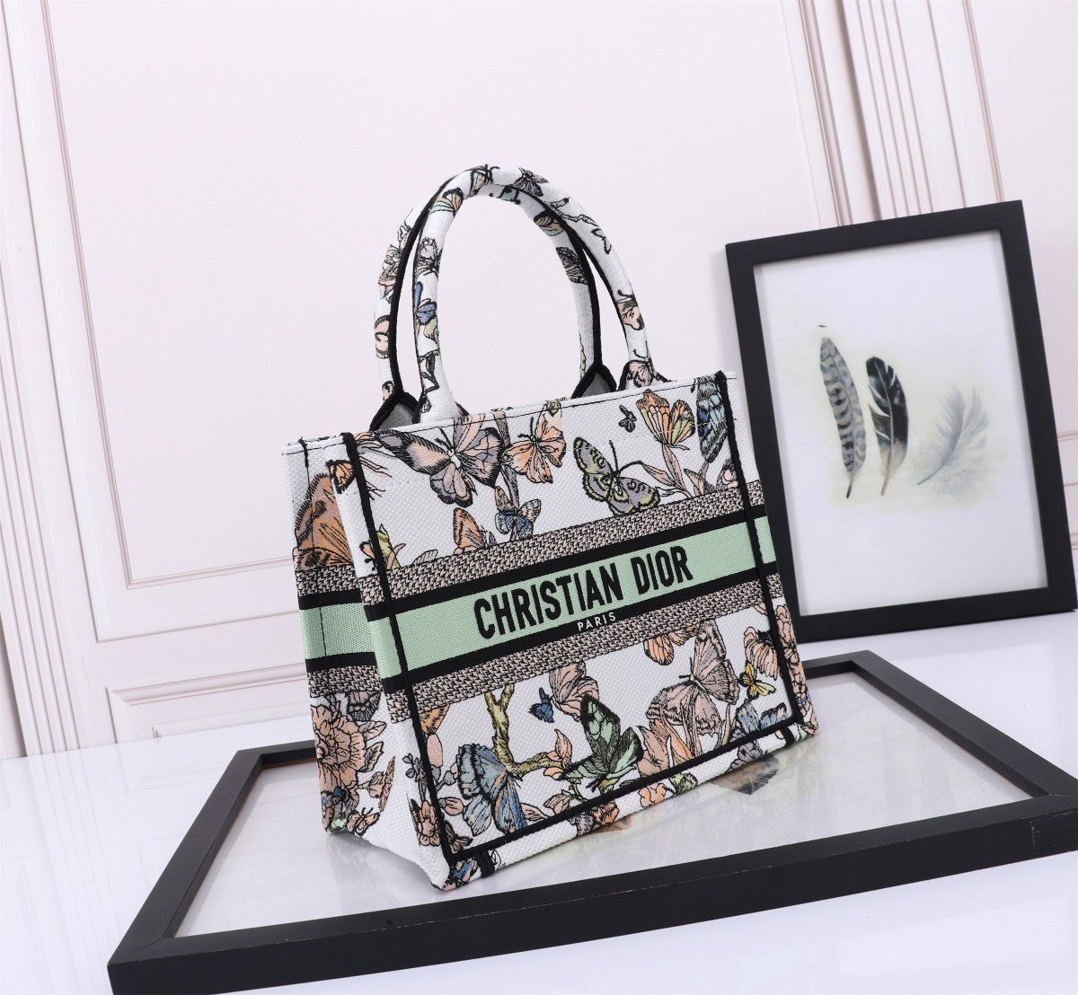 Dior Floral Butterfly Print Canvas Tote Handbag with Top Handles