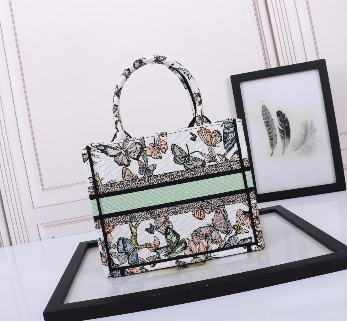 Dior Elegant Butterfly Print Canvas Tote Bag with Top Handle