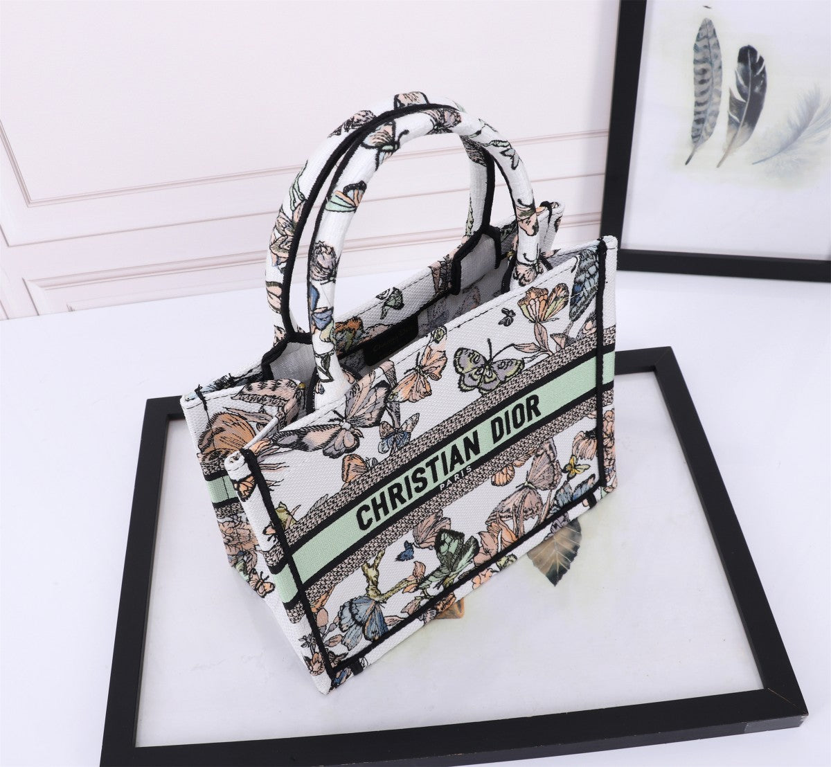 Dior Elegant Butterfly Print Canvas Tote Bag with Top Handle