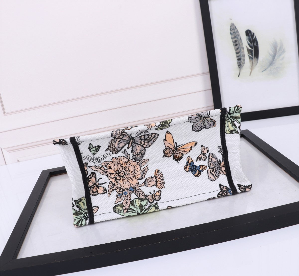 Dior Elegant Butterfly Print Canvas Tote Bag with Top Handle