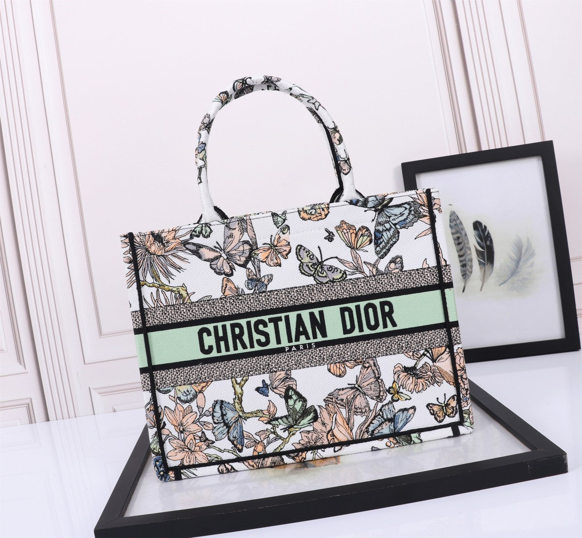 Dior Embroidered Butterfly Floral Canvas Tote Bag Travel Handbag