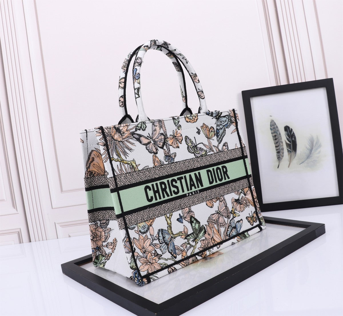 Christian Dior Medium Book Tote - White Canvas with Butterfly Embroidery