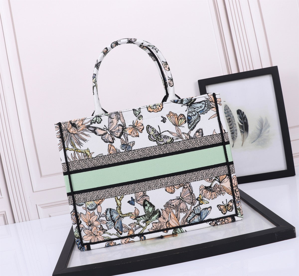 Dior Embroidered Butterfly Floral Canvas Tote Bag Travel Handbag