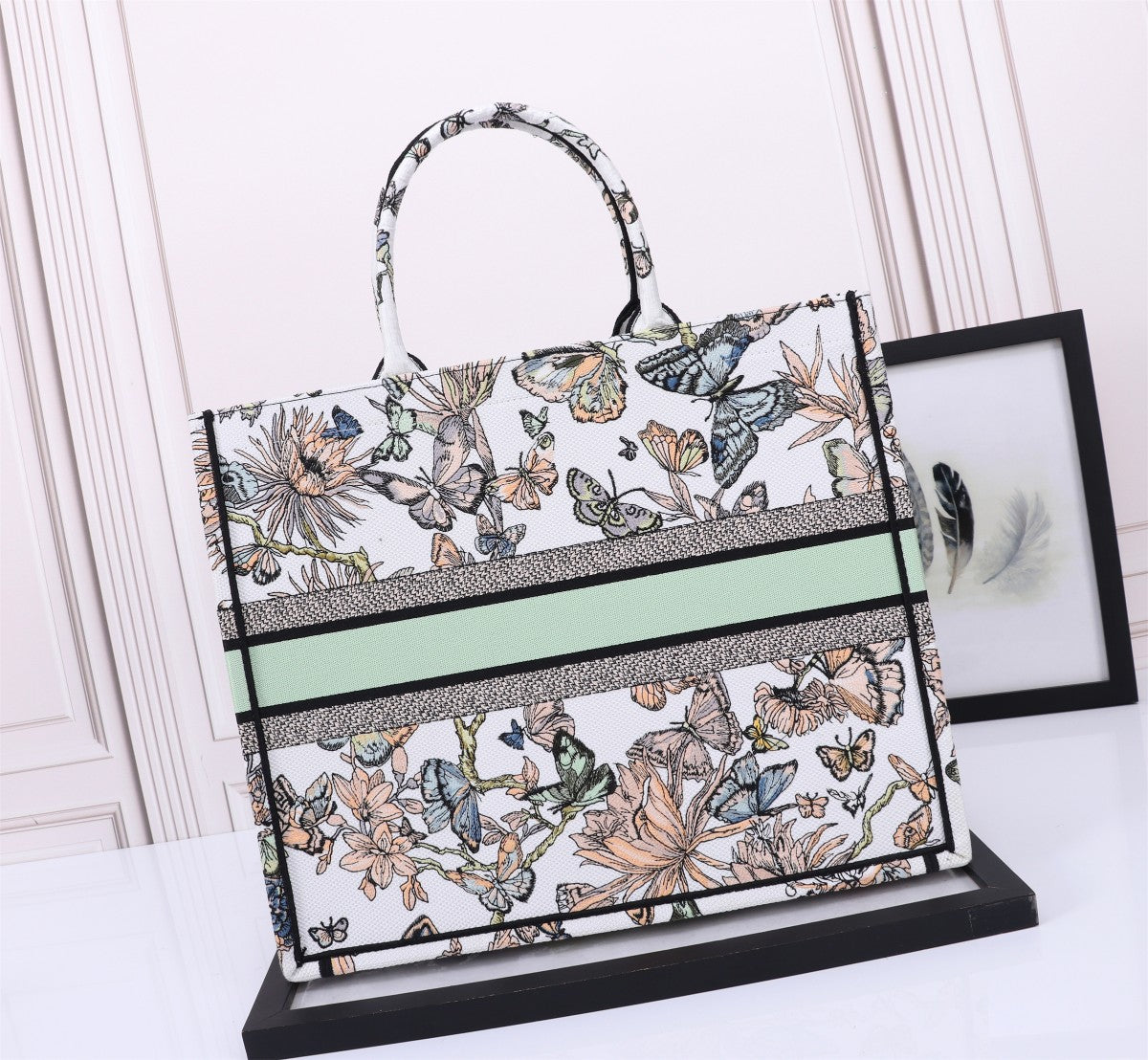 Christian Dior Large Book Tote - White & Green Butterfly Embroidered Canvas
