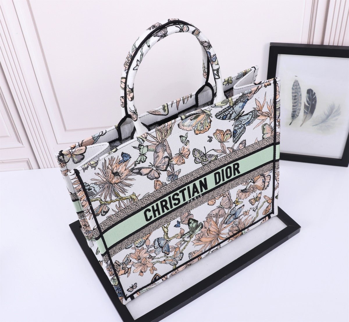 Dior Vintage Butterfly and Floral Canvas Tote Bag with Top Handle