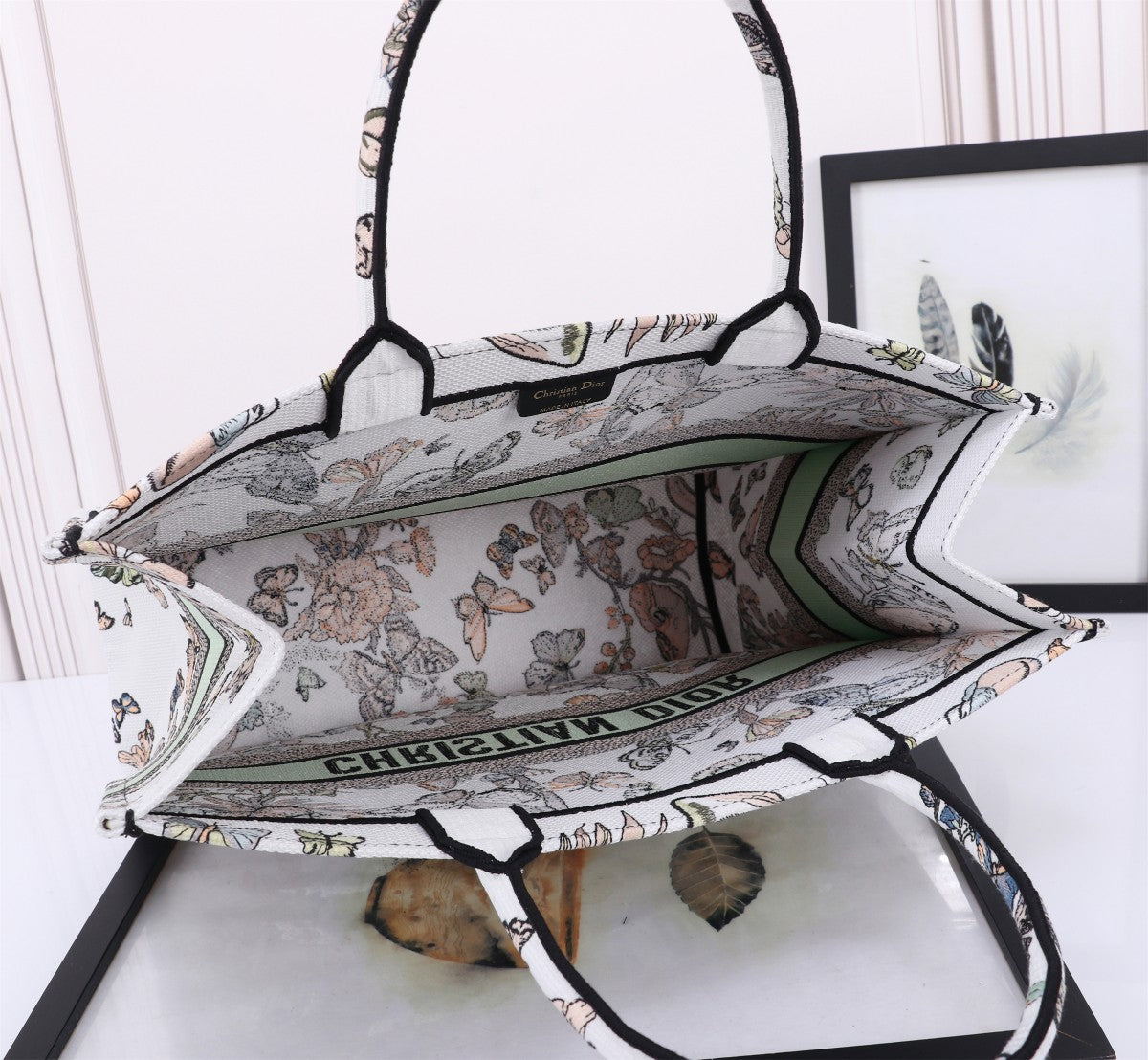 Dior Vintage Butterfly and Floral Canvas Tote Bag with Top Handle