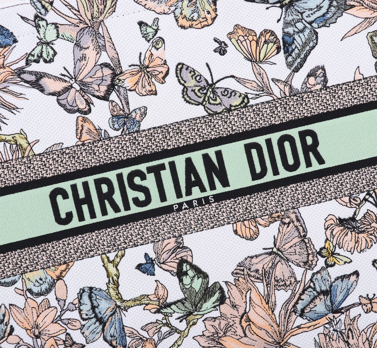 Christian Dior Large Book Tote - White & Green Butterfly Embroidered Canvas
