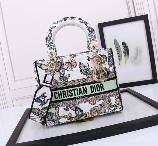 Christian Dior Lady D-Lite Medium Butterfly Embroidered Handbag - White/Multicolor