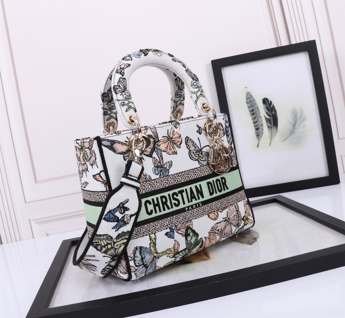 Dior Elegant Butterfly Pattern Canvas Satchel Bag with Shoulder Strap