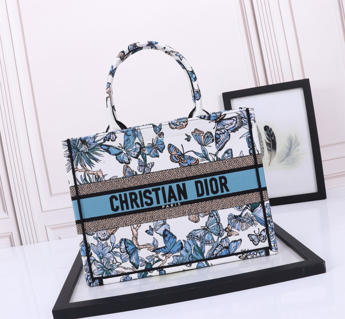 Dior Elegant Blue Butterfly Print Canvas Tote Bag with Top Handle